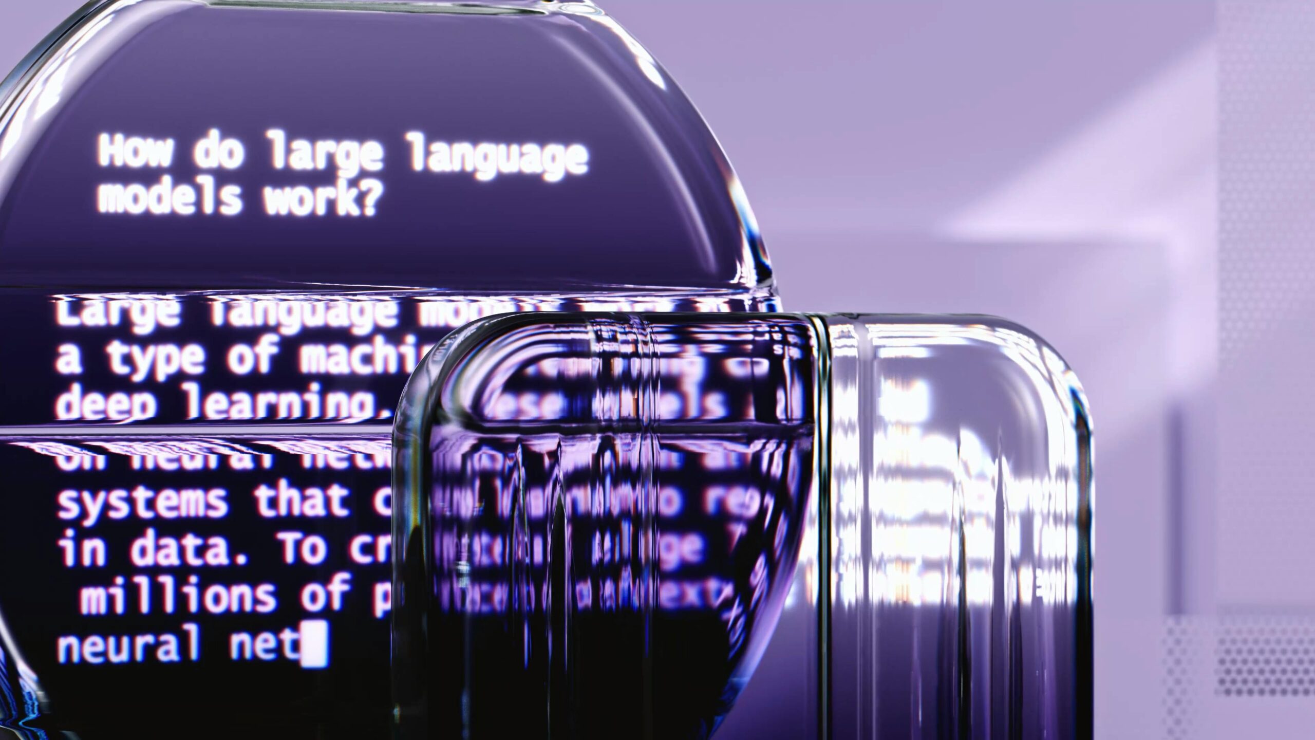 a graphic depcting the outline of a persn in frot of a device eiyh ith text runinng across the image in a purple hue