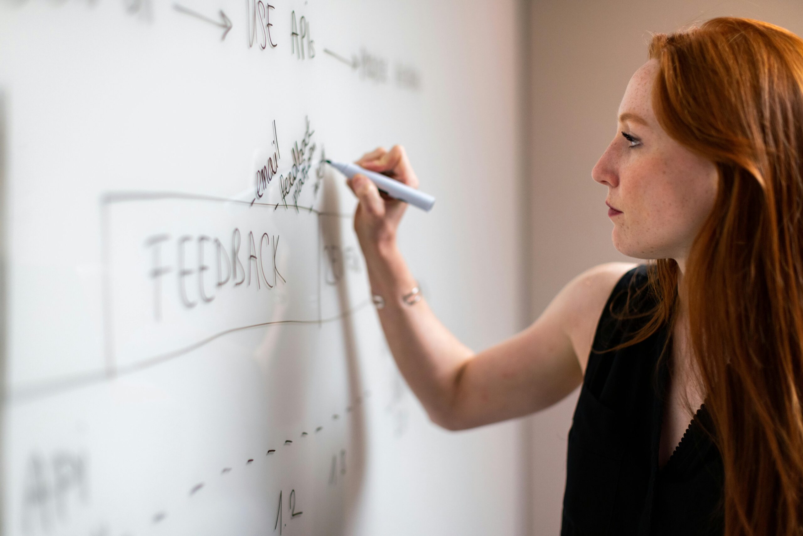 a woman with red hair writing on a whiteboard